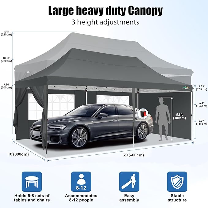 COBIZI 10x20 Pop Up Canopy with 6 Sidewall, Commercial Canopy UPF 50+ Waterproof Outdoor Gazebo with Carry Bag, Tents for Parties with Upgrade Frame, 3 Height Adjustable, Gray