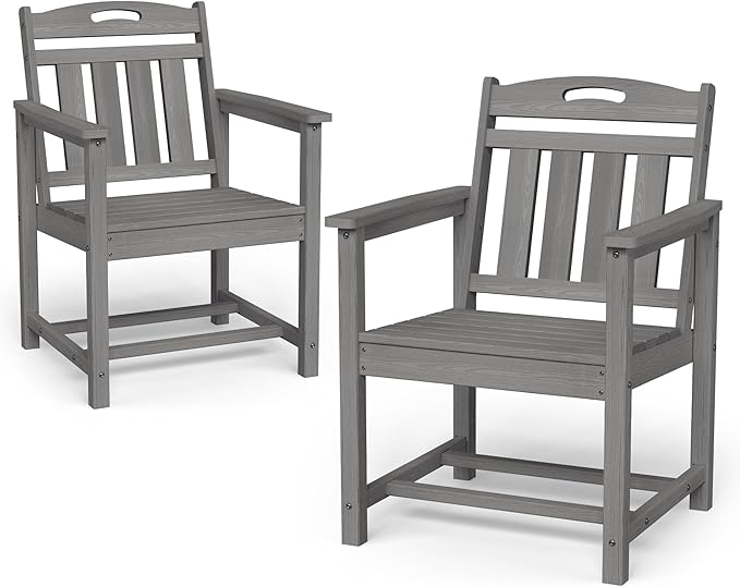 Set of 2 Weatherproof Patio Chairs - HDPE Outdoor Dining Chairs with Wide Seat, Ergonomic Design - for Garden, Backyard, Deck - Grey