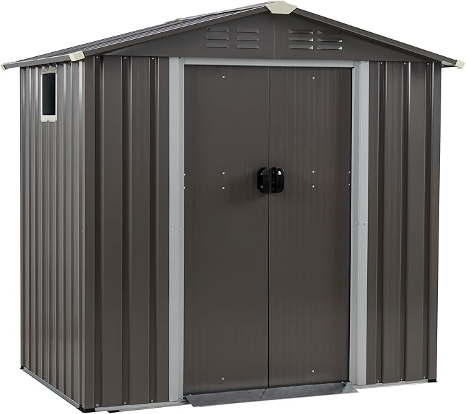 JY QAQA 6x4 FT Outdoor Garden Storage Shed, Waterproof Metal Garden Sheds with Lockable Double Door, Weather Resistant Steel Tool Storage House Shed for Patio, Lawn Gray