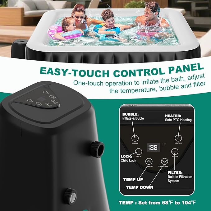 DoCred 2-4 Person Inflatable Hot Tub, 60" X 60" X 25" Square Portable Hot Tub with 120 Bubble Jets, Large Outdoor Spa Blow Up Bathtub Set with Heater Pump, Insulated Cover and Filter