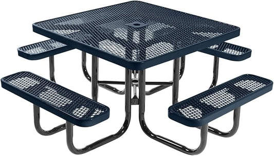 COATEDOUTDOORFURNITURE Heavy-Duty Portable Outdoor Picnic Table with Umbrella Hole, Expanded Metal Commercial-Grade Patio Dining Furniture Made in America (46" Square Top, Dark Blue)