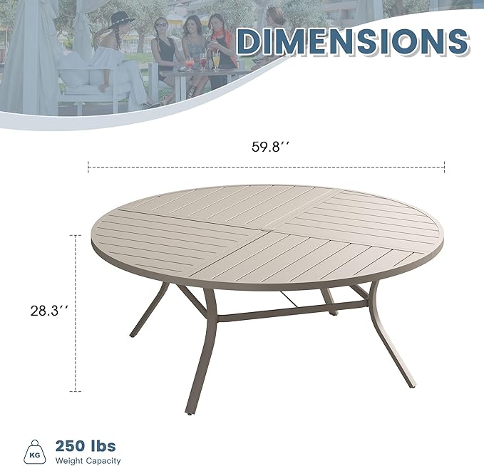 DIFY 59.8" Round Outdoor Patio Dining Table for 8-10, All-Weather Metal Steel Slatted Patio Table with 1.57" Adjustable Umbrella Hole, for Lawn Garden Porch Backyard, Sandshell