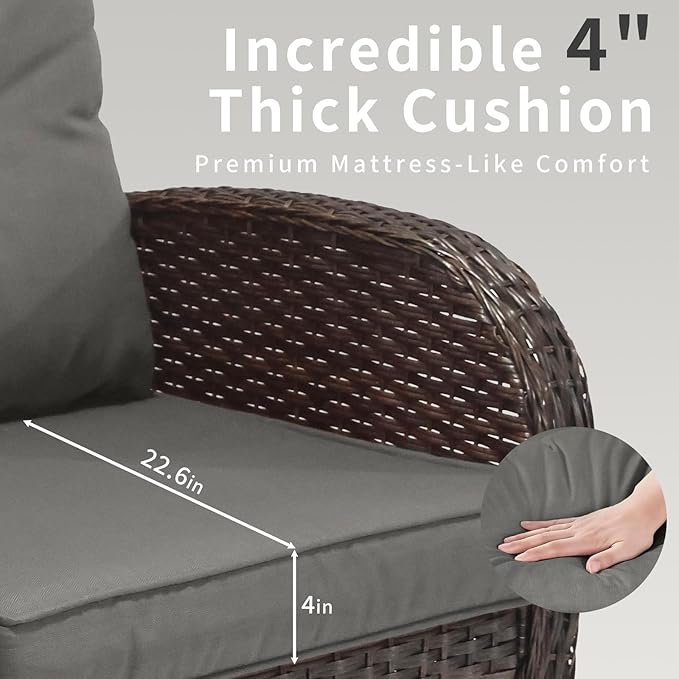 3 Pieces Patio Furniture Set, Outdoor Swivel Rocking Chair Set of 2 with Side Table - 360° Swivel, Thick Cushions, All-Weather Bistro Set for Deck, Porch, Pool (Grey, Brown Full-Weave Rattan)