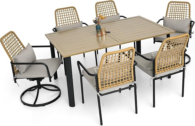 Rattan Patio Chairs and Rectangle Table Set of 6 with 63"x38" Handpainted Table and Swivel, Stackable Chairs All-Weather for Outdoor, Balcony, Backyard, Deck