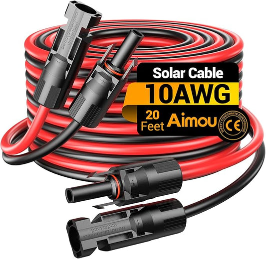 20Feet 10AWG Solar Extension Cable, 10 Gauge Solar Panel Wire with Female and Male Connectors for RV, Off-Grid Photovoltaic Systems(Black+Red)