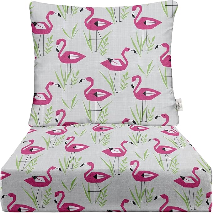 RSH DECOR Deep Seating Cushion with Pillow Back | 23.5” x 25” Seat | Water and Fade-Resistant Spun Fabric | Outdoor Chair Cushion Set for Patio Furniture | Groove Fusion Pink Flamingo