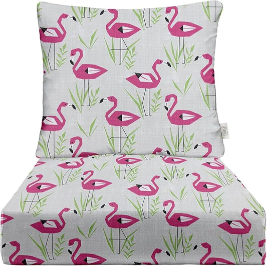 RSH DECOR Deep Seating Cushion with Pillow Back | 24” x 26” Seat | Water and Fade-Resistant Spun Fabric | Outdoor Chair Cushion Set for Patio Furniture | Groove Fusion Pink Flamingo