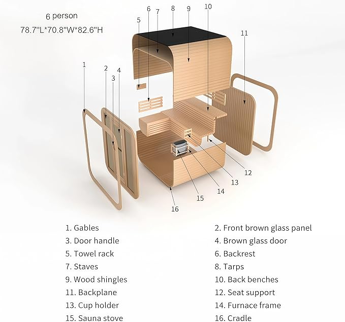 Outdoor Wood Sauna, Canadian Cedar Sauna 6 Person, 6 KW ETL Harvia Heater, with Front Large Glass Windows, Square with Wooden Bucket,Spoon(0-195 °F)