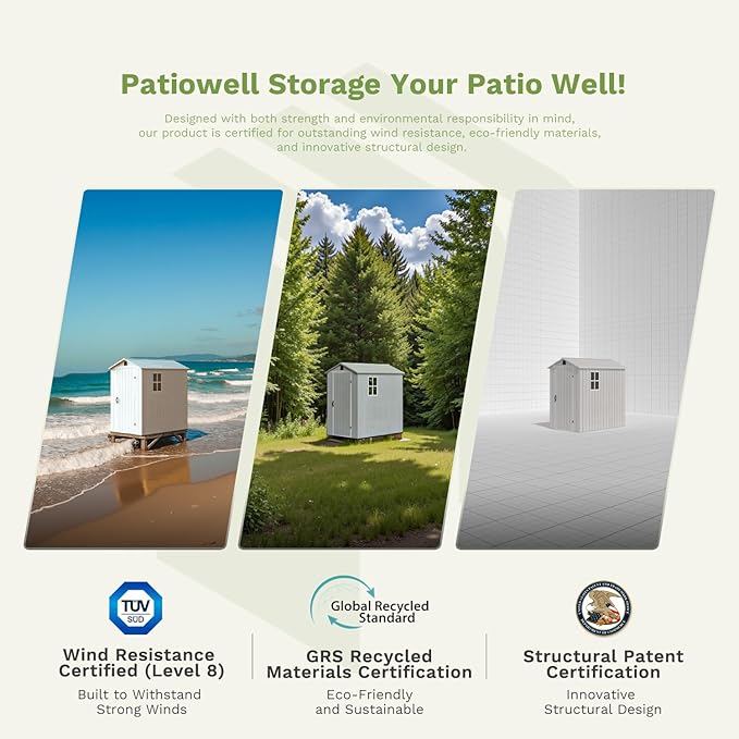 Patiowell 4 x 4 FT Plastic Outdoor Storage Shed with Floor, Garden Tool Shed with Two Windows and Single Lockable Door for Garden, Backyard, Lawn, Easy to Install, Light Grey(Fit-it Shed)