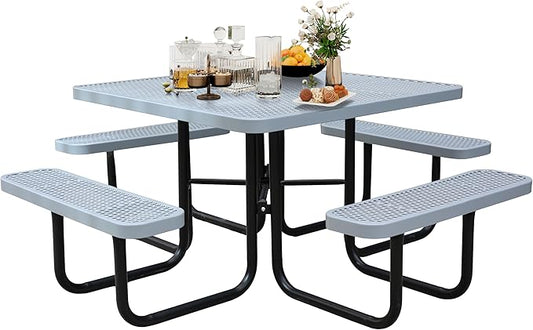 8-Person Picnic Tables for Outdoors, Industrial 46" Expanded Metal Square Picnic Table with 4 Benches & Umbrella Hole, Outside Table and Bench Set for Garden, Backyard, Porch, Patio, Grey