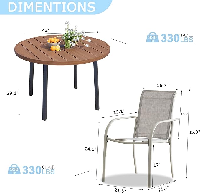 5 Pieces Round Dining Table Set for 4, Patio Dining Set Includes 4 Grey Stackable Patio Chairs and 1 Walnut Round Table, Patio Furniture Sets with Sling Support for Outside, Garden