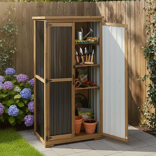 Outdoor Storage Cabinet,Wood & Metal Storage Shed with Adjustable Shelves & Lockable Doors,Vertical Outdoor Cabinets for Backyard Patio, Gardening Tools and Accessories,Brown