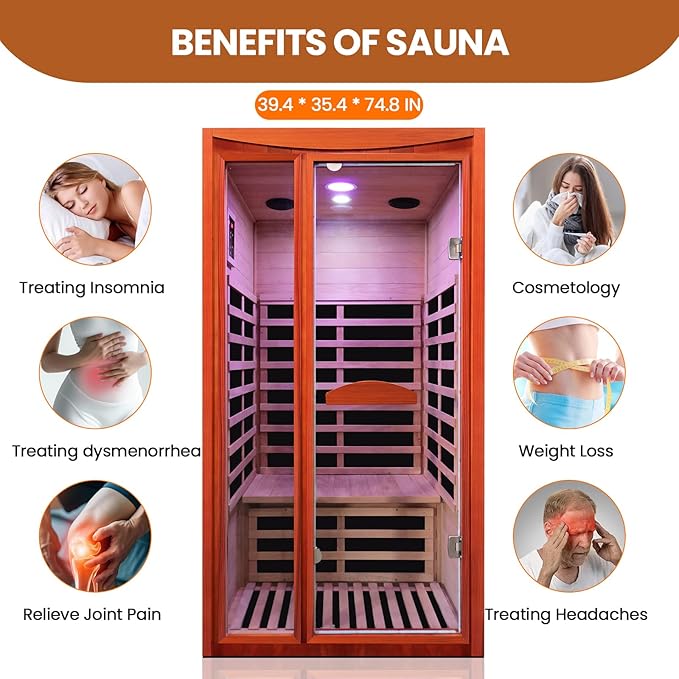 Sauna, Far Infrared Saunas for Home Room 1550W/110V Indoor Sauna for Single Person Okoume Wood Sauna Spacious 1 - 2 Person Low EMF Dry Sauna with Speakers/Air Hole and Color Lighting 39.4*35.4*74.8 IN