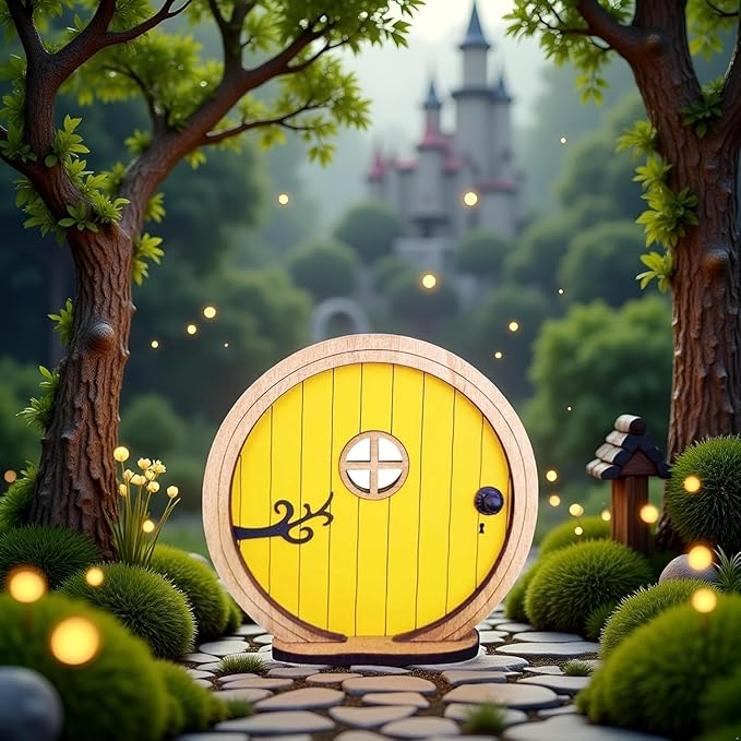 Yellow Fairy Garden Door for Tree, Fairys Doors for Trees Outdoor and Tree Trunk,Mini Fairy Garden Sculpture Lawn Ornament Decor, Fairytales Door Decoration,Gardens Miniatures,Buildings