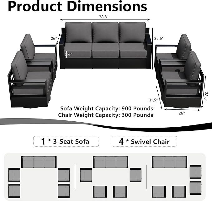 Outdoor Patio Furniture Set, 5-Piece Aluminum Patio Conversation Set All-Weather Metal Outdoor Sectional with 6 Inch Thick Cushions, Deep Setting for Garden, Outside and Porch