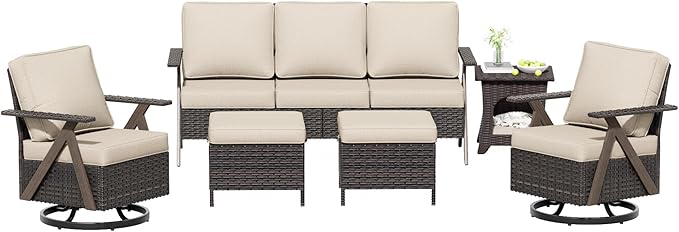 6 Piece Patio Furniture Set, Wicker Patio Conversation Set with Swivel Glider Chair and Outdoor 3-Seater Sofa and 2 Ottomans and Side Table for Deck Yard and Poolside