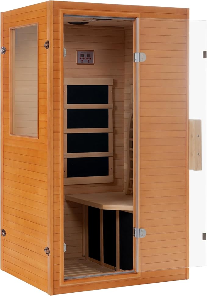 Real Relax Far Infrared Sauna, Home Indoor Sauna Room Canadian Hemlock Wooden Dry Saunas 950W 120V with Control Panel and 6 Low EMF Heaters Panels for Personal Spa
