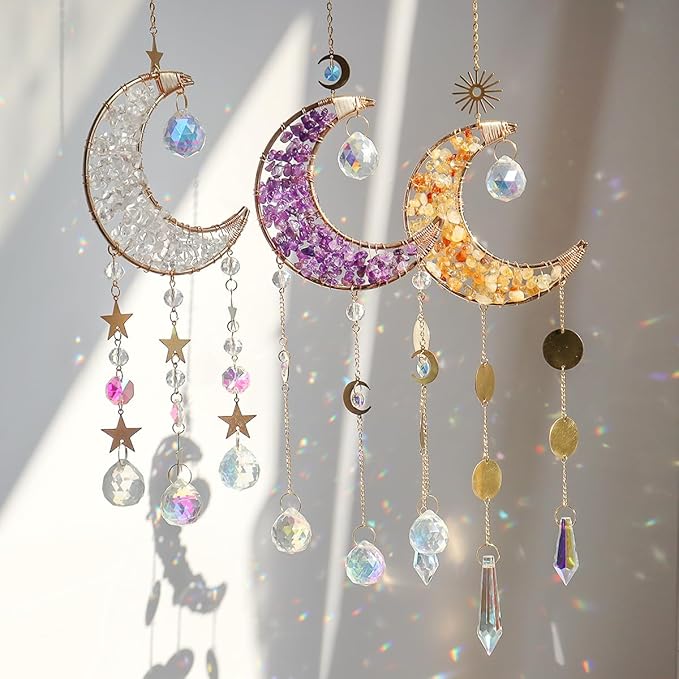 Moon Suncatcher Hanging Decor, Boho Chic Clear Quartz Crystal Sun Catcher, Spritual Sun Light Catcher for Windows, Crescent Moon Housewarming Gift(Clear Quartz)