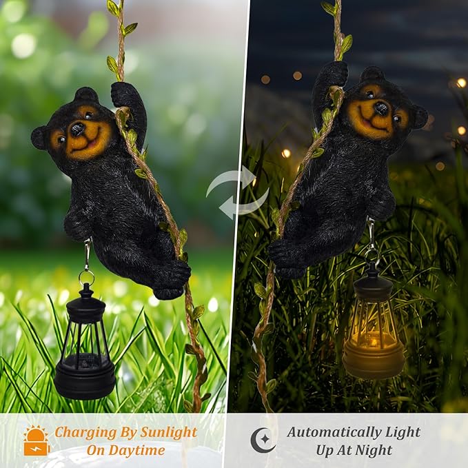 Solar Garden Decor Outdoor Statues-Resin Raccoon Climbing Vine & Squirrel Figurine with LED Light, Waterproof Hanging Animal Figurine with Hook for Patio, Yard, Home Decor Gift (Raccoon)