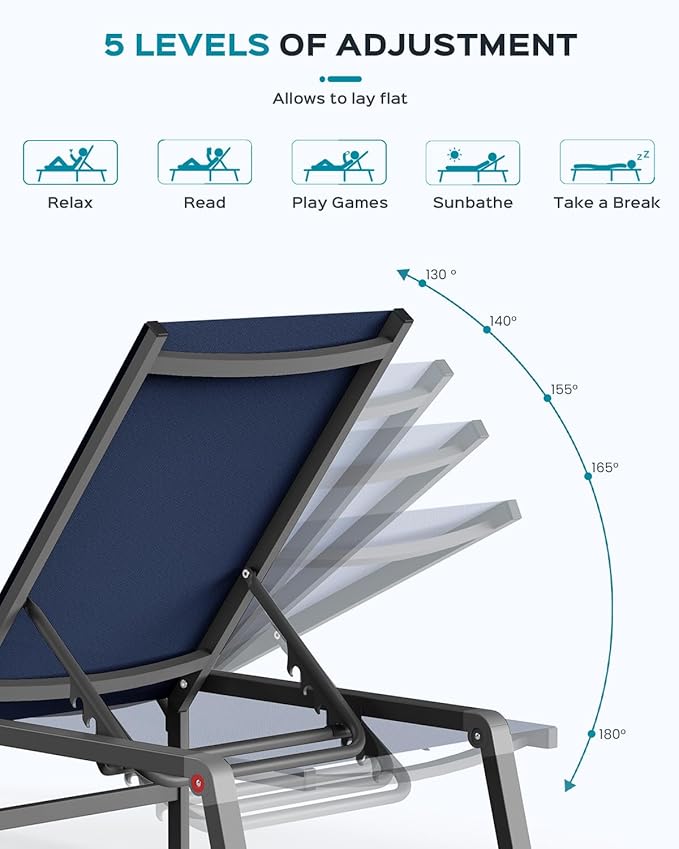 Patio Chaise Lounge Chair, Foldable Lounge Chair for Outside, Aluminum Chairs Set of 2 with 5 Adjustable Backrest, Outdoor Pool Lounger for Poolside, Lawn, Deck, Navy Blue