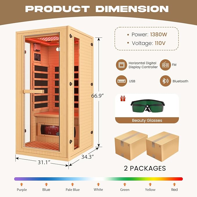 1 Person Infrared Sauna with Red Light Therapy, Full Spectrum Sauna for Home, Indoor Dry Saunas with Rapid Heating 4 Carbon Panels&1 Carbon Tube, Oxygen Bar and 7 Color Therapy Lights, 110V