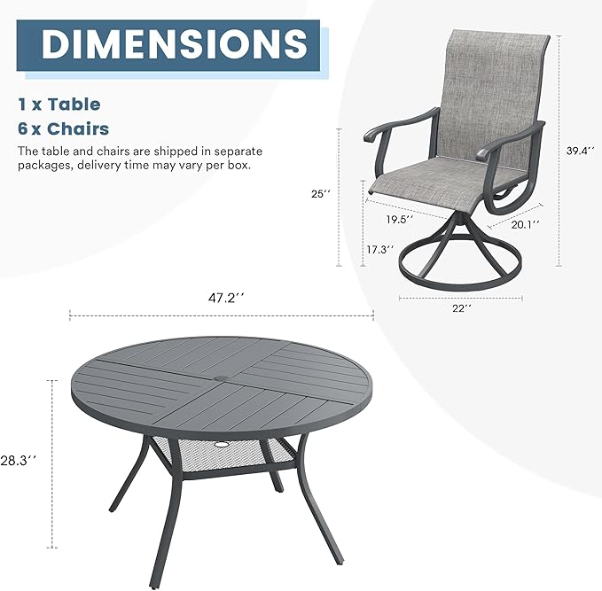 DIFY 7 Pieces Outdoor Patio Dining Set, 6 Grey Textilene Swivel Dining Chairs and 47.2" Grey Round Metal Dining Table, Outdoor Table and Chairs