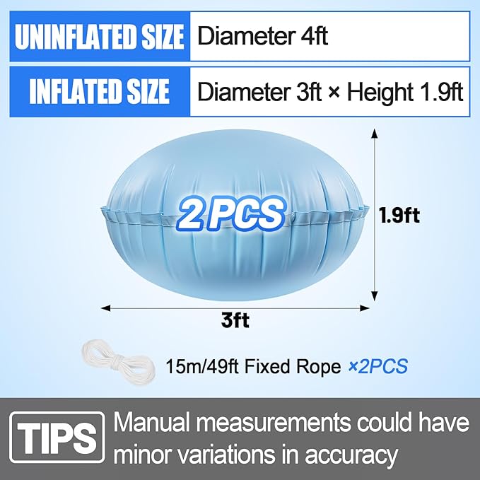 2pcs Pool Air Pillows for Above Ground Pools - 4ft Dia. Winter Closing Winterizing Kit with Ropes, Thicken PVC Ice Equalizer Support, Swimming Pool Patio Furniture Cover Airbag
