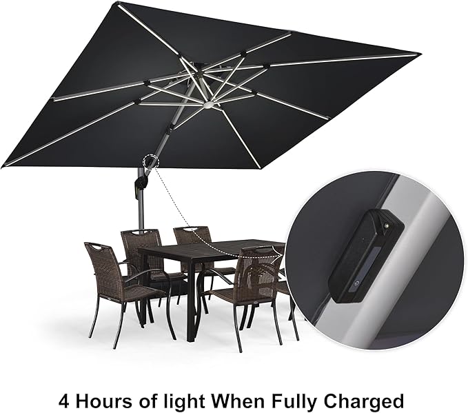 PURPLE LEAF 9' X 12' Solar Powered LED Rectangle Cantilever Umbrella With Base Patio Umbrellas Windproof Hanging Umbrella Outdoor Umbrellas, Grey