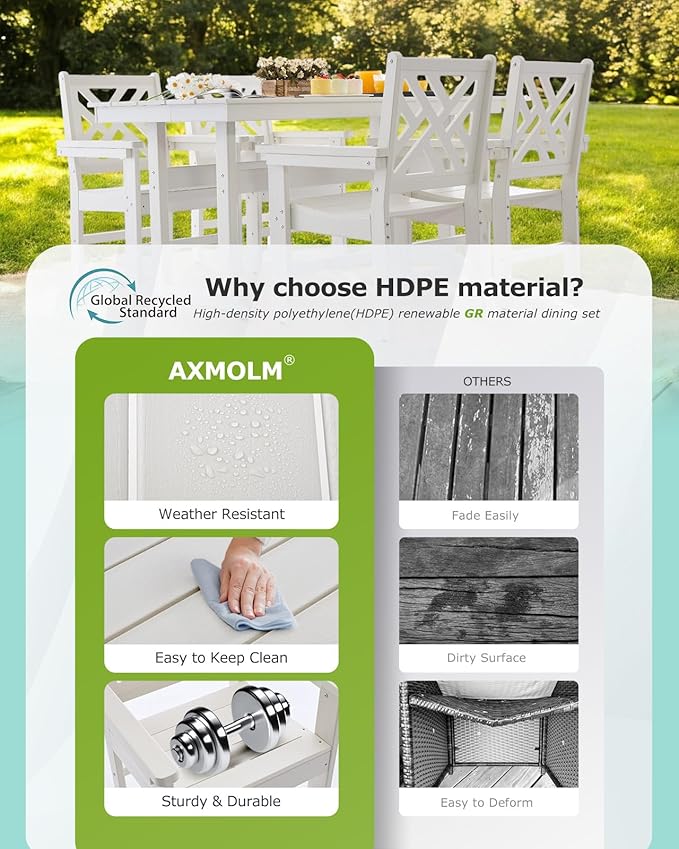 7 Piece HDPE Outdoor Dining Set for 6, Patio Dining Furniture Set with Umberlla Hole, Weather Resistent Outdoor Table and Chairs for Garden, Poolside, Backyard, Deck,White