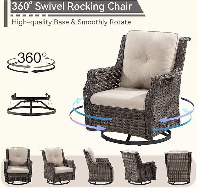 4 Piece Patio Furniture Set, 2 Swivel Glider Chairs and 2 Ottomans PE Wicker Footstool, Outdoors Rattan Conversation Set with Deep Seating and Olefin Cushions, for Backyard, Garden, Beige