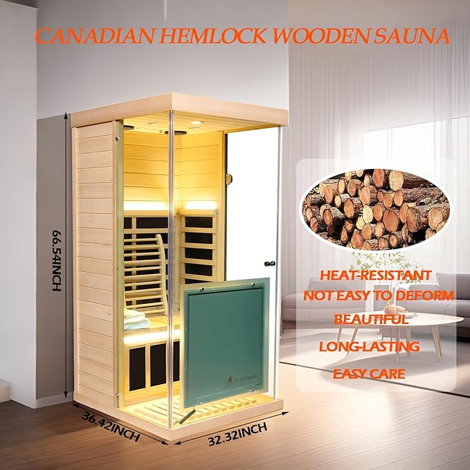 Canada Hemlock Low EMF FAR Infrared Sauna Room, 1 Person Indoor Sauna 1100W/120V with 6 Carbon Panel Heater & LCD Control Panel & Bluetooth Audio & 7-Color Chromotherapy Lights & 270° Panoramic Vision