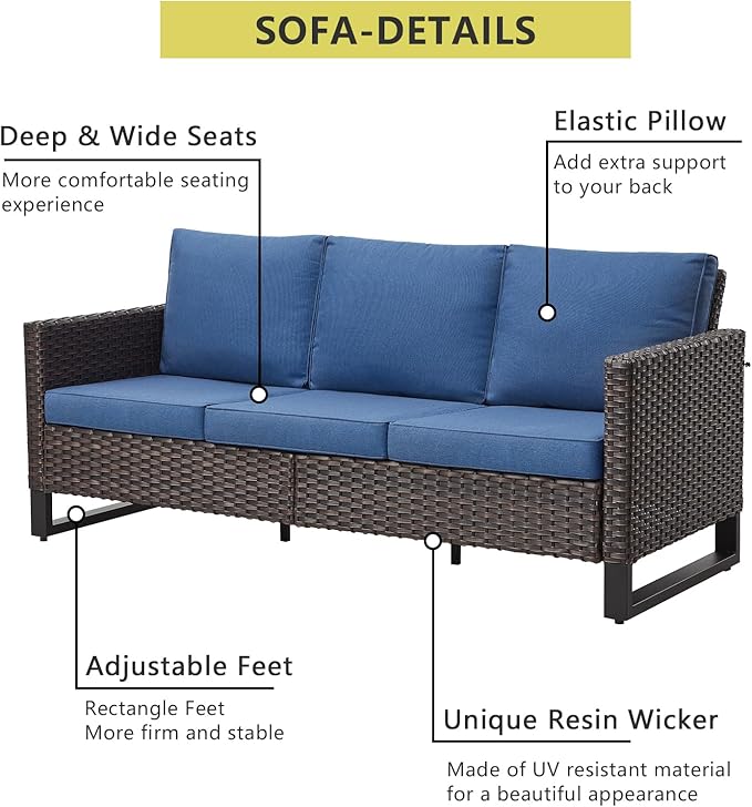 HUMMUH 9 Piece Patio Furniture Set Outdoor Sectional Sofa,High Back Patio Swivel Rocker Chairs with Ottomans Coffee Table for Porch,Garden,Backyard(Brown/Blue)
