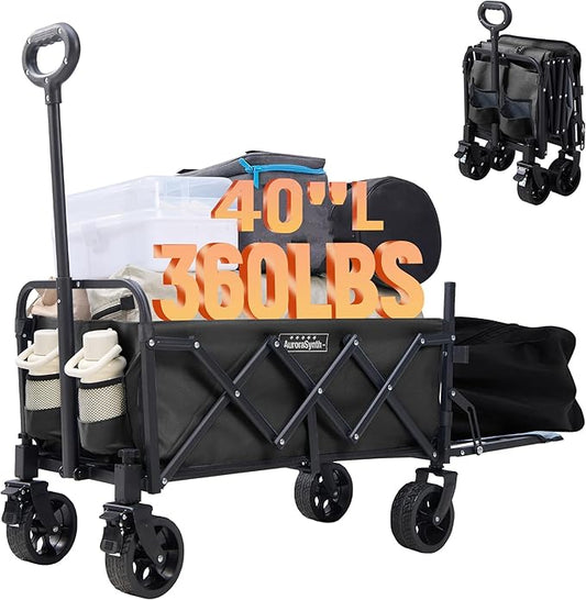 40'' Extra Long Collapsible Wagons Carts Foldable, 360LBS Foldable Wagon Cart with Wheels, Heavy Duty Portable Utility Wagon for Grocery, Shopping, Sports Garden & Camping - Black