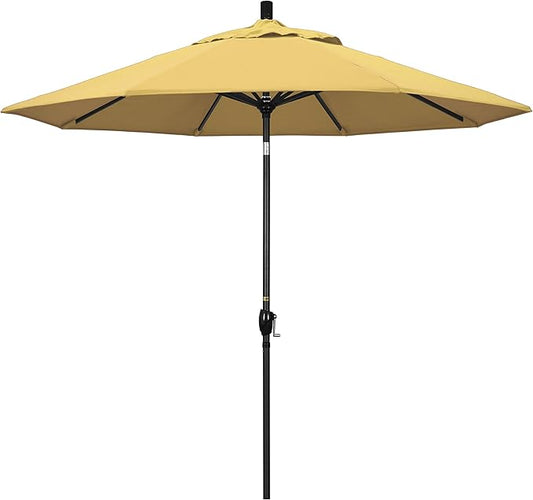 California Umbrella 9' Round Aluminum Market Umbrella, Crank Lift, Push Button Tilt, Black Pole, Sunbrella Wheat