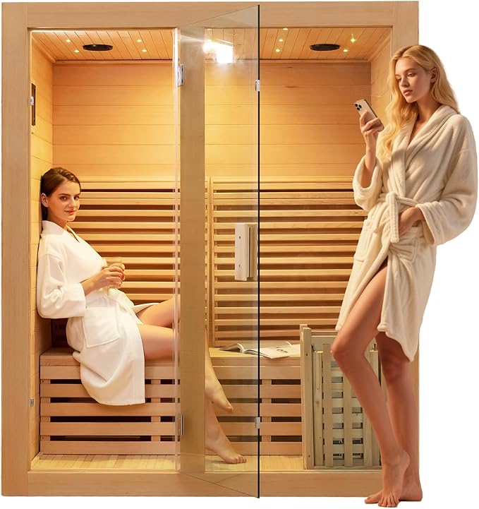 ZONEMEL Wooden Steam Sauna Room, 2-3 Person Canadian Hemlock Luxurious Indoor Sauna with 4.5 KW Harvia Stove Heater, WiFi Control, Sauna Stone, Wooden Bucket, Scoop, Reading Light, Hourglass, 220V