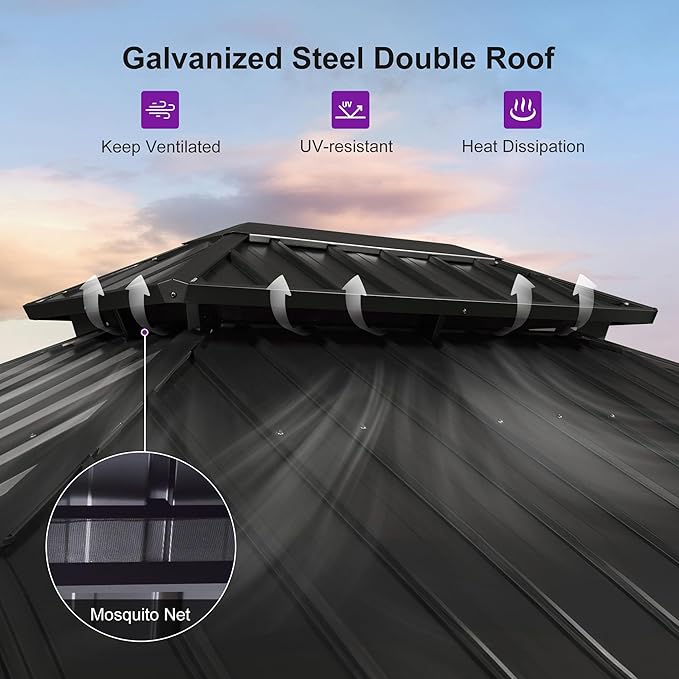 PURPLE LEAF 10' X 12' Hardtop Gazebo Outdoor Wood Grain Aluminum Frame Galvanized Steel Double Roof Gazebos with String Lights for Patio Deck Backyard Garden