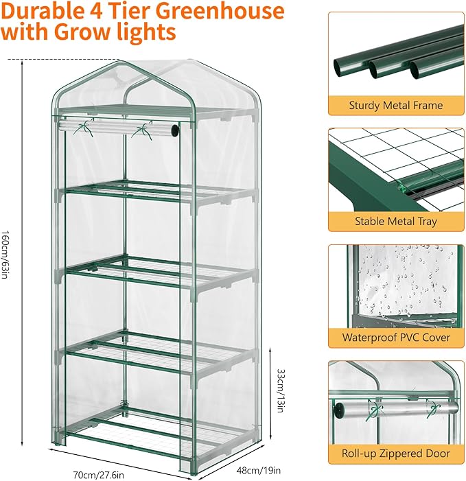 Indoor Greenhouse with Grow Light, 4-Tier Mini Greenhouse 27.6"x19"x63" Small Greenhouse with Zippered PVC Cover for Seed Starting Trays, Dimmable Plant Light for Indoor Plants with Timer