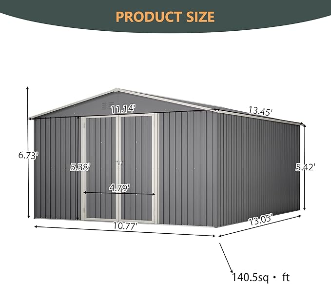 11x13 FT Outdoor Metal Storage Shed with Floor Frame, 140.5 sq.ft Heavy-Duty Garden Tool Shed with Double Doors, Waterproof Roof, All-Weather Steel Utility Shed for Backyard, Lawn, Patio