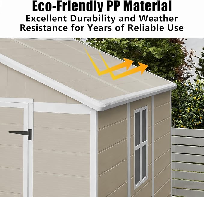 Outdoor Shed 5x3/6x4/7x7/8x6/8x10/8x12 FT, 15MM Thick PP Resin Plastic Shed with Lockable Door & Floor - Waterproof Plastic Tool Shed for Bike, Garbage Can, Backyard, Patio ﻿ ﻿ (Light Brown, 8x6FT)