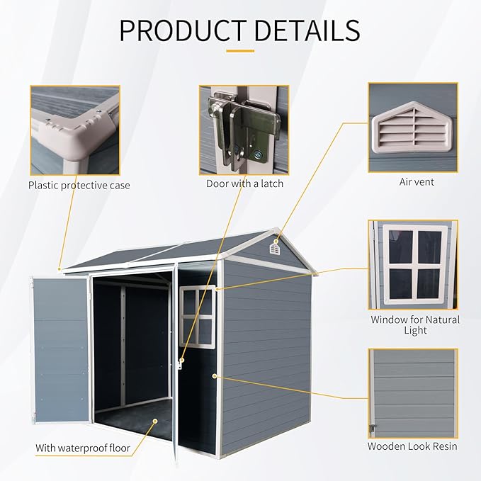 8x6 FT Resin Outdoor Storage Shed with Floor, Windows & Lockable Doors Waterproof All-Weather Garden Shed for Backyard, Patio, and Lawn Equipment Storage, Light Grey