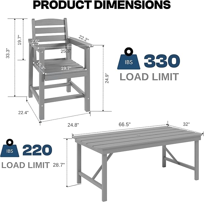 7 Piece Patio Dining Set with 11ft Patio Umbrella (Gray), 7 Gray Outdoor HDPE Dining Set with 6 Chairs + 1 Large Table with 2" Umbrella Hole, for Market, Pool, Garden, Backyard, Deck