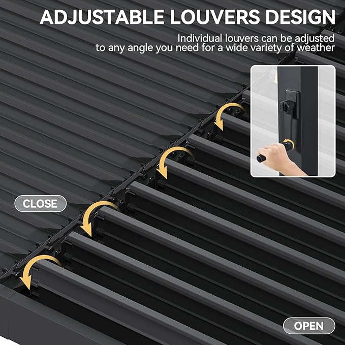 Aoxun Louvered Pergola 10' x 13' 96S Outdoor Metal Pergola with Adjustable Top for Decks, Gardens and Backyards, Easy Assembly via Structural Patent, Gray