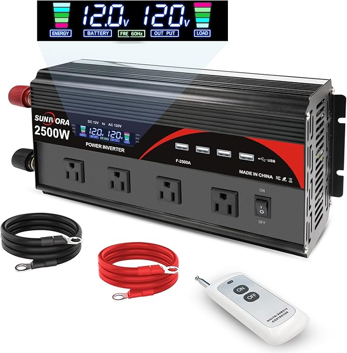2500 Watt Inverter with LCD Display & Remote Control 12V DC to 110V/120V AC Converter Peak Power 5000W Car Inverter with 4 Sockets & 4 USB Ports for RV Truck Camping Off-Grid Solar System