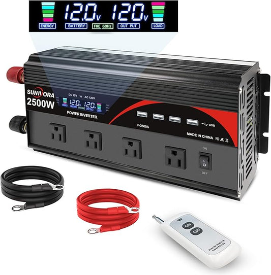 2500 Watt Inverter with LCD Display & Remote Control 12V DC to 110V/120V AC Converter Peak Power 5000W Car Inverter with 4 Sockets & 4 USB Ports for RV Truck Camping Off-Grid Solar System