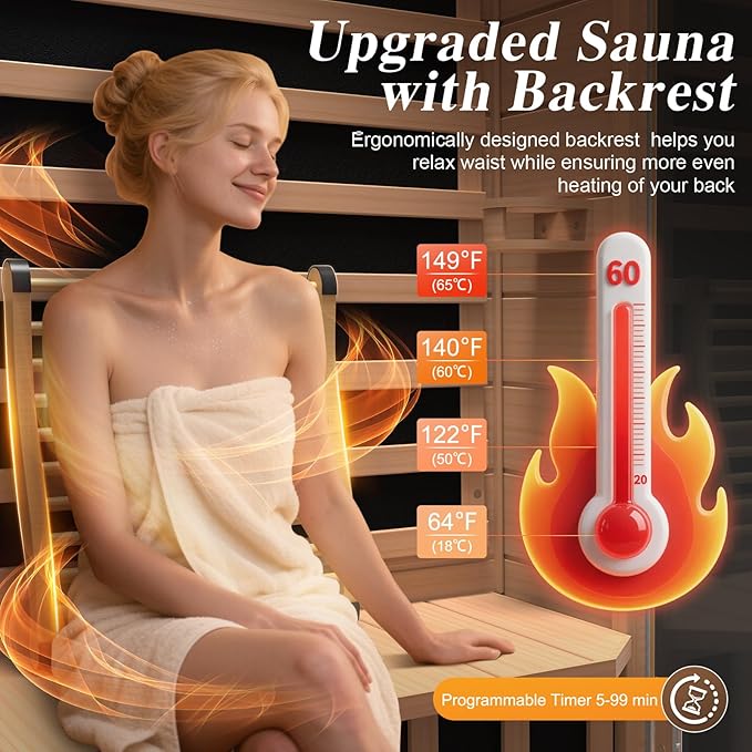Upgraded Backrest 1 Person Sauna Infrared Sauna with Red Light Therapy, Dry Sauna Indoor Wood Sauna for Home, Hemlock Low EMF Far Infrared Sauna with Integrated Speakers, Reading Lamp