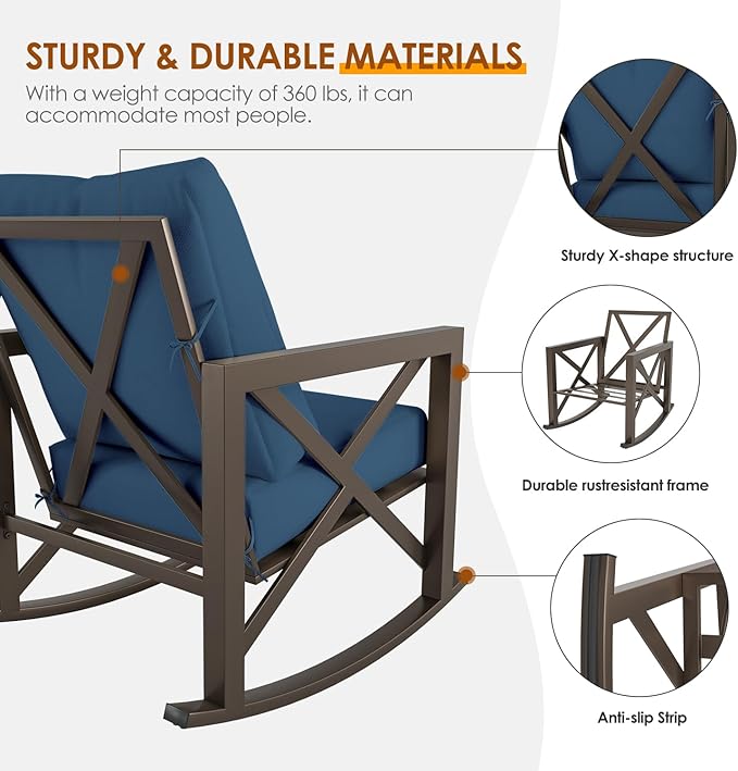 Outdoor Rocking Bistro Set, Patio Rocking Chairs Set of 2 with Coffee Table, 3 Pieces Metal Conversation Sets with 6.5" Thick Cushions for Backyard, Porch, Poolside, Oversized (Blue)