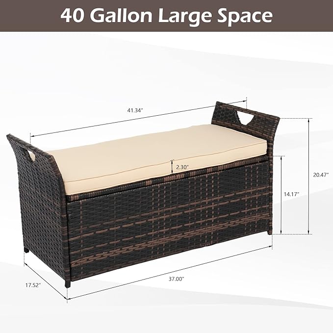 VINGLI 40 Gallon Outdoor Rattan Deck Box w/Cushion, Patio Wicker Storage Box for Tools and Supplies, Garden Deck Storage Bin for Balcony, Porch, Pool, Yard, Brown
