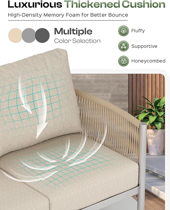 Aluminum Outdoor Patio Furniture Set, HDPE Rope 5 Piece Modern Sectional Conversation Sets with Dual-Layer Coffee Table, All Weather Patio Couch Set with Thick Cushions, Silver Frame, Beige