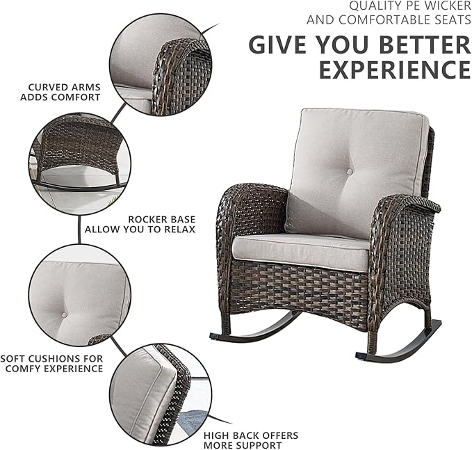 HUMMUH 5-Piece Outdoor Patio Furniture PE Wicker Patio Conversation Set,All-Weather Outdoor Rocking Chairs with Patio Couch Tables for Backyard,Poolside,Deck