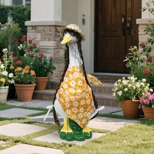 Porch Goose Outfits Statue Decor-20 Large Goose Decrations, Resin Sculpture Wear Yellow Daisy Scarf Clothing, Funny Goose, Big Duck Statue for Yard Lawn Housewarming Birthday Gifts for Mom,Women,Girl